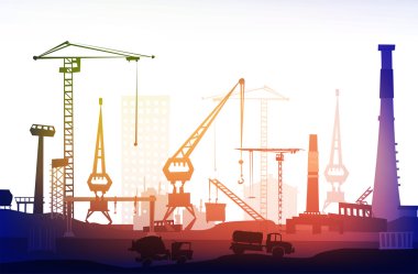 Industrial site view with cranes. Heavy industry background clipart