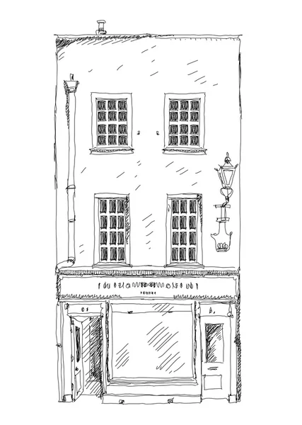 Παλιά Ελληνικά αρχοντικό με μικρό κατάστημα ή επιχείρηση στο ισόγειο. Σκίτσο συλλογή — Φωτογραφία Αρχείου