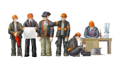 Deputy director, welder, electrician, project manager, architect.  Builders working on construction works illustration clipart