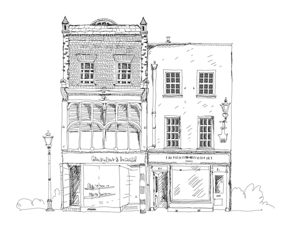 Old English town house with small shop or business on ground floor. Sketch collection — Stock Photo, Image