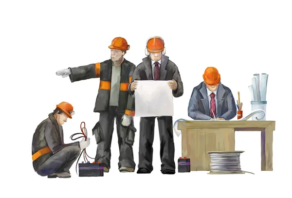 Lasser, elektricien en projectmanager. Bouwers bezig met bouw werken illustratie — Stockfoto