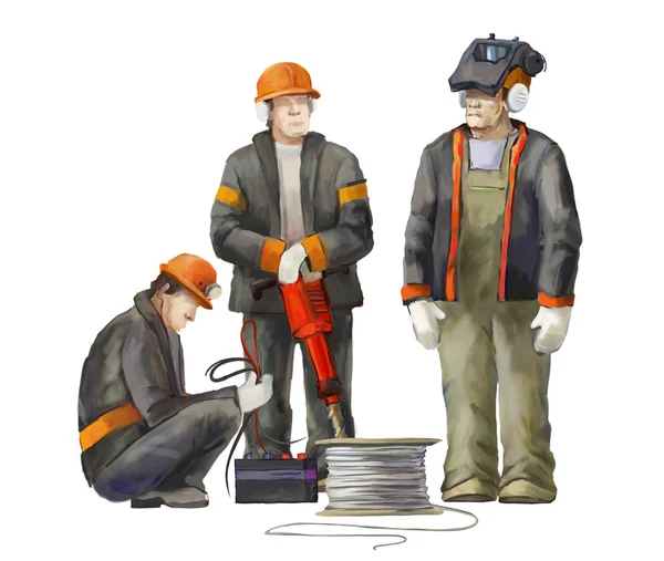 Lasser, elektricien en projectmanager. Bouwers bezig met bouw werken illustratie — Stockfoto