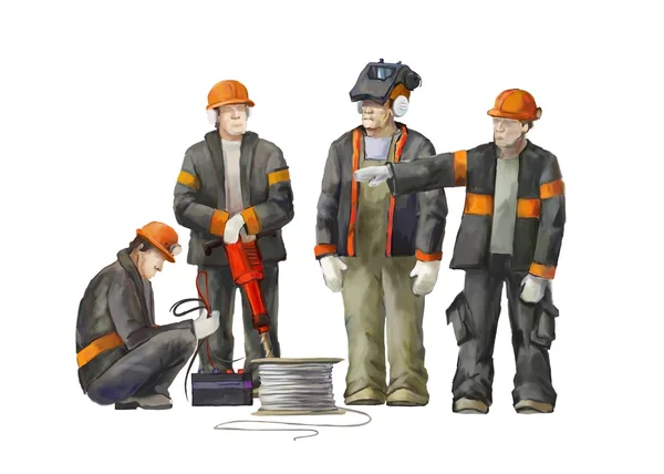 Soldador, eletricista e gerente de projeto. Construtores que trabalham em obras de construção ilustração — Fotografia de Stock