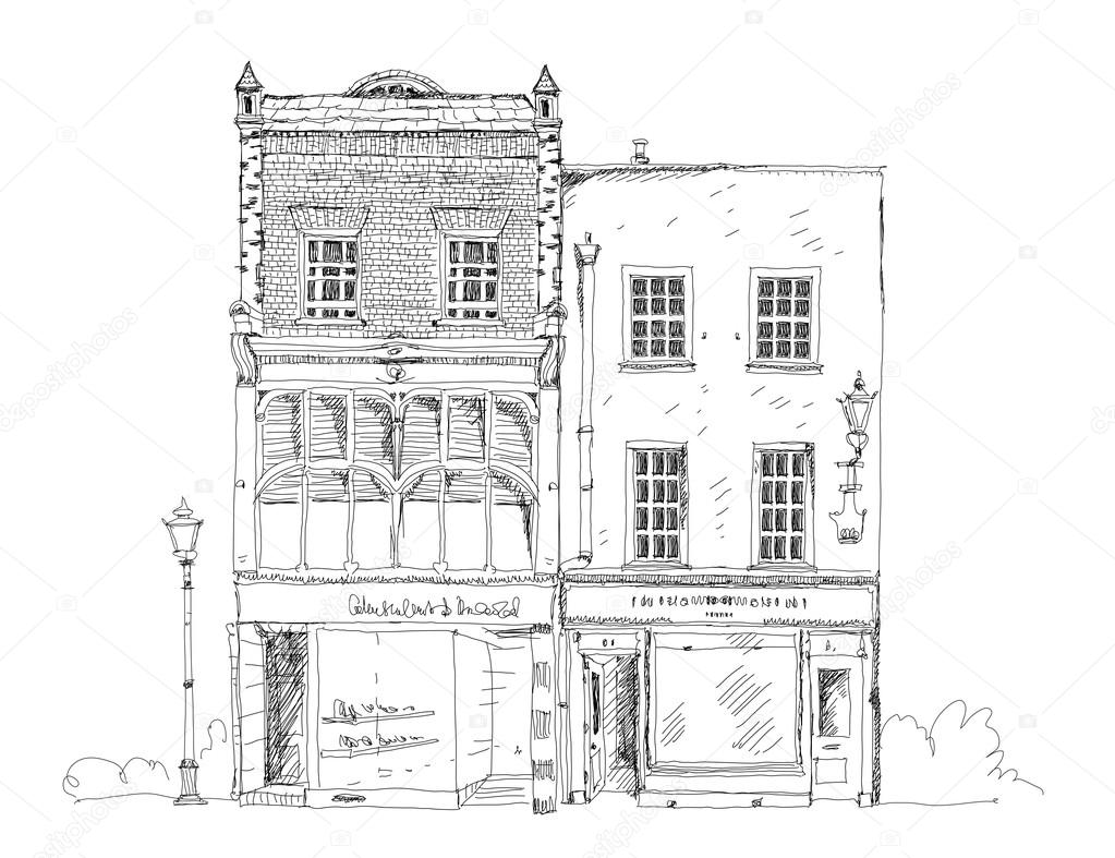 Old English town house with small shop or business on ground floor. Sketch collection