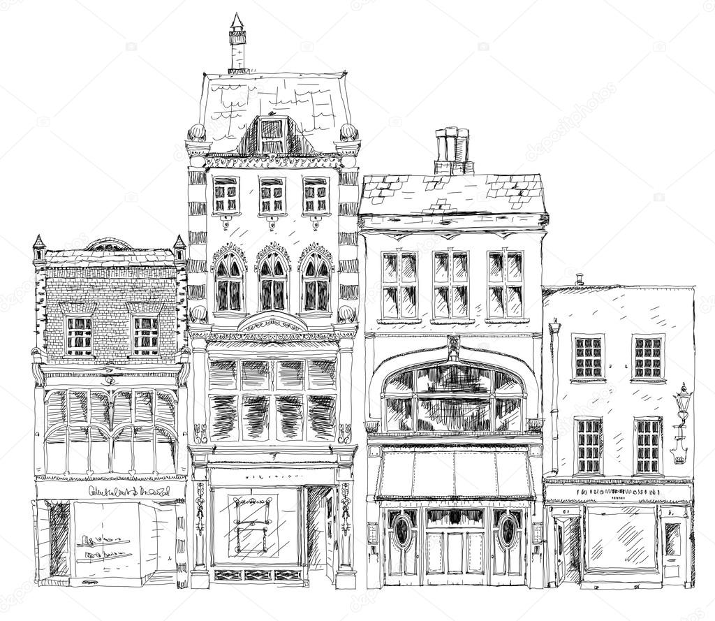 Old English town house with small shop or business on ground floor. Sketch collection