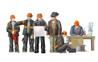 Welder, electrician, jack hammer worker, deputy manage, architect and project manager. Builders working on construction works illustration clipart
