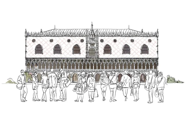 Personas y turistas frente al Palacio Ducal de Venecia, Colección Sketch — Foto de Stock