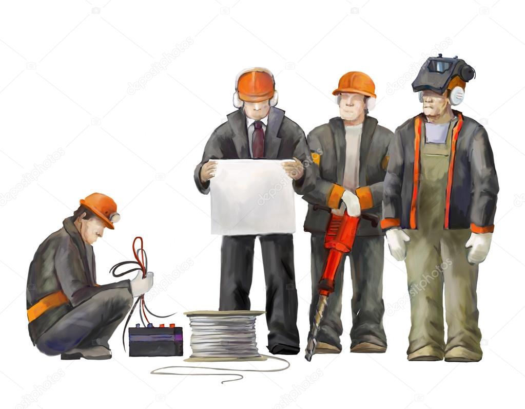 Welder, electrician, jack hammer worker, deputy manage, architect and project manager. Builders working on construction works illustration