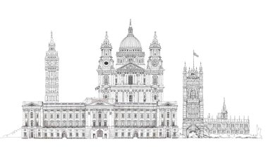 Londra, kroki çizimi. Big Ben, Parlamento, st. Paul Katedrali ve Sarayı