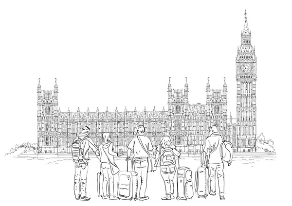 Big Ben and Houses of Parliament with tourists, London UK. Sketch collection — Stock Photo, Image