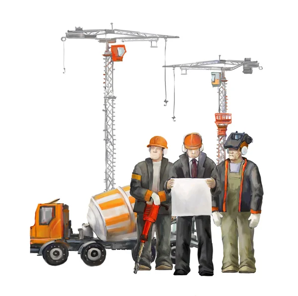 Remont na placu budowy. Ilustracja przemysłowe z pracowników, Dźwigi i maszyny Betoniarka — Zdjęcie stockowe