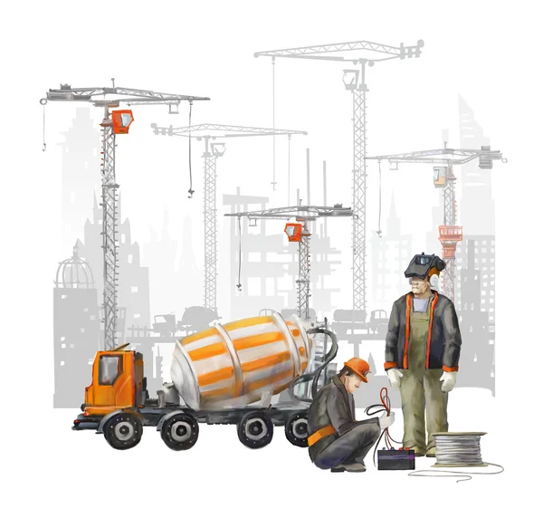 Constructores en la obra. Ilustración industrial con trabajadores, grúas y hormigonera — Foto de Stock