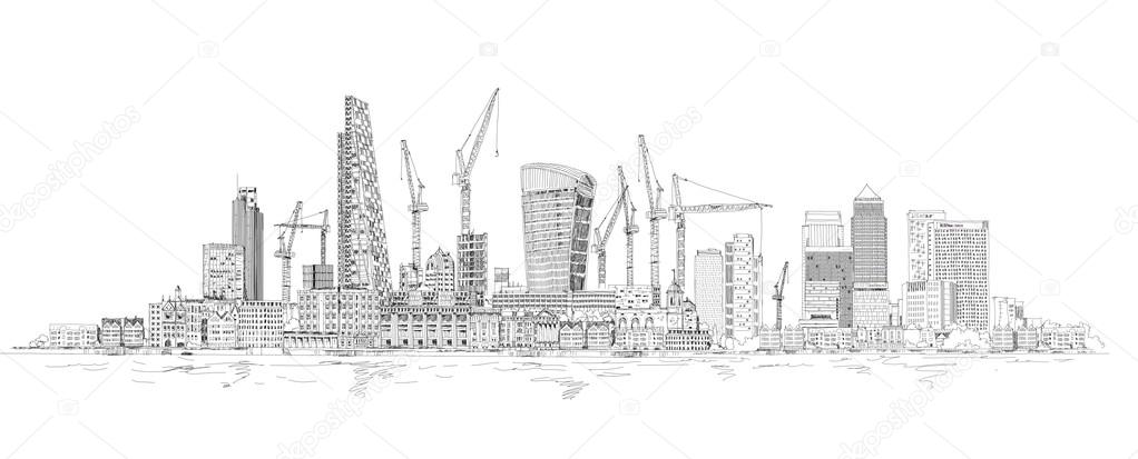 Modern London. City of London and Canary Wharf with crane and building sites of new developments