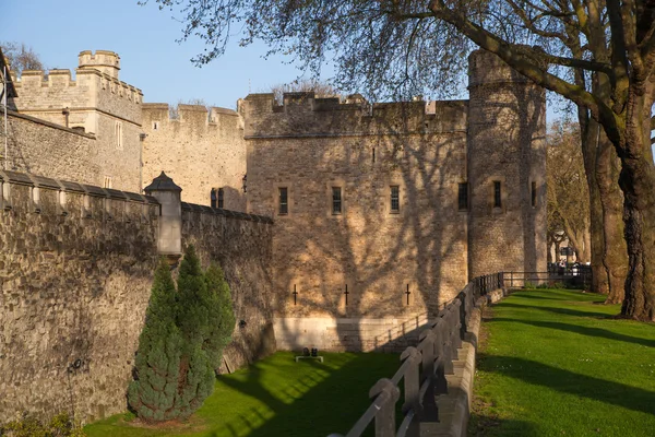 Лондонский Тауэр (основан в 1078 году), старая крепость, замок, тюрьма и дом королевских драгоценностей. Вид с речного бокового парка — стоковое фото