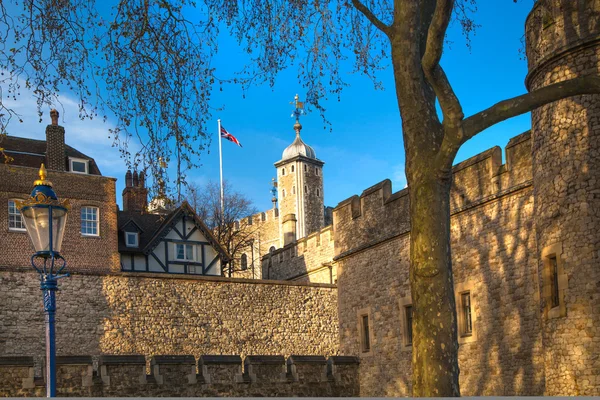 LONDRES, Reino Unido - 15 de abril de 2015: Torre de Londres (iniciada em 1078), antiga fortaleza, castelo, prisão e casa das Joias da Coroa. Ver formulário o parque lateral do rio — Fotografia de Stock