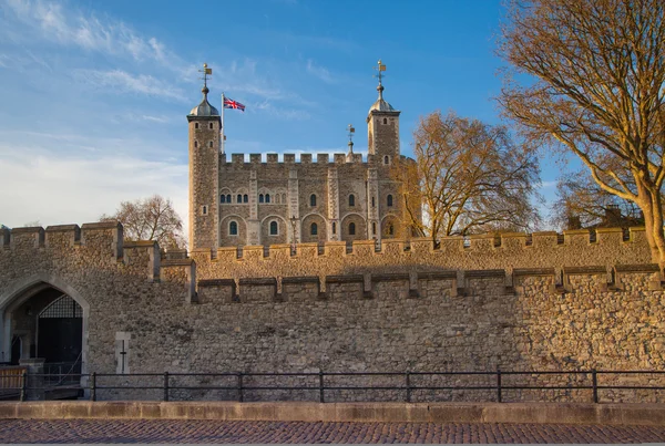 Londyn, Uk - April15, 2015: Tower of London (rozpoczął 1078), stara Forteca, zamek, więzienia i dom klejnotów koronnych. Widok formularza parku stronie rzeki — Zdjęcie stockowe