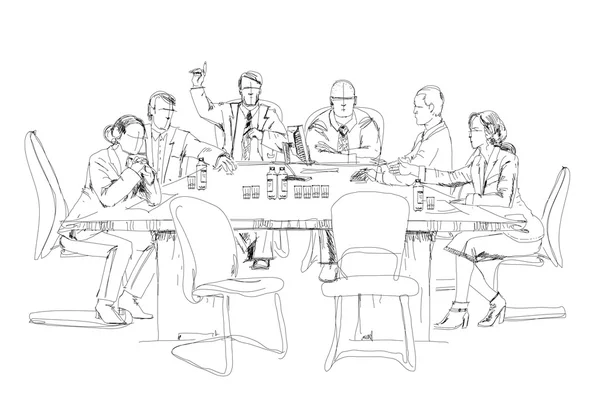 Silhuetter av framgångsrika affärsmän som arbetar på mötet. Skiss — Stockfoto