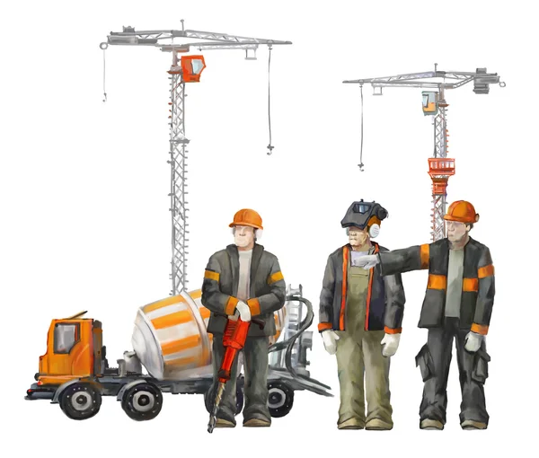 Builders on the building site. Industrial illustration with workers, cranes and concrete mixer machine — Stock Photo, Image