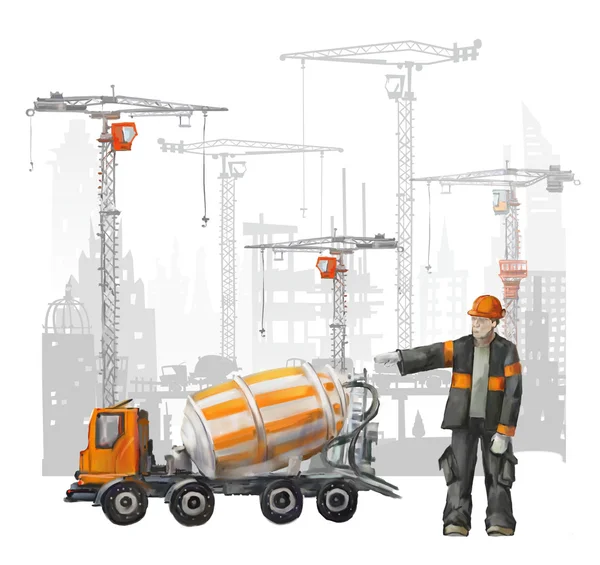 Строители на строительной площадке. Промышленная иллюстрация с рабочими, кранами и бетономешалками — стоковое фото