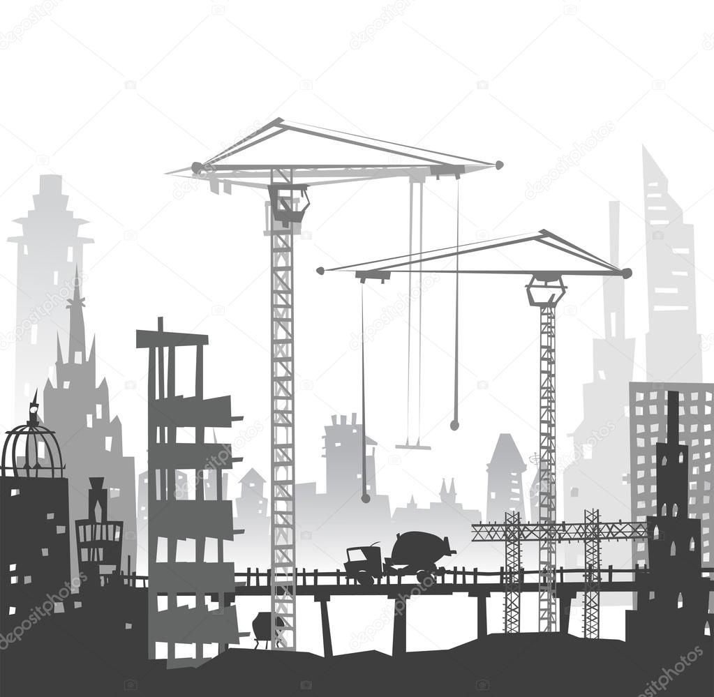 Building site with cranes and lorries