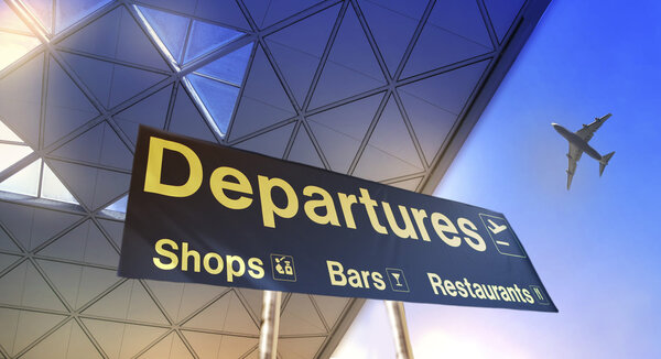 Departure sign and airplane in the blue sky