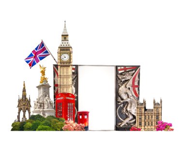 Londra. Turistik ve iş kolaj, beyaz arka plan karşı Londra'nın ünlü binalar