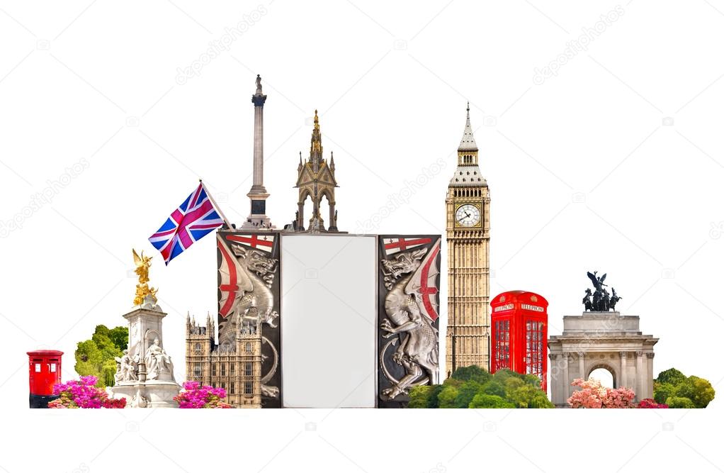 London. Tourist and business collage, London's famous buildings against of white background