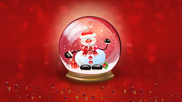 Fundo de Natal. Animação do boneco de neve feliz acenando dentro do globo de neve. Bola de neve de cristal contra fundo vermelho e neve caindo — Vídeo de Stock