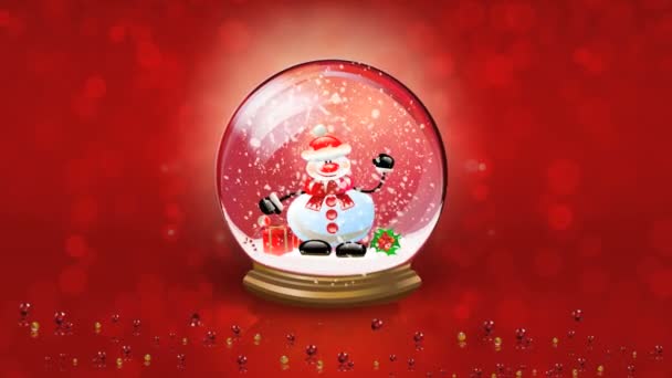 Karácsonyi háttér. Animáció a hóember boldog integetett hógömb belsejében. Crystal hógolyó piros háttérrel és hóesésben