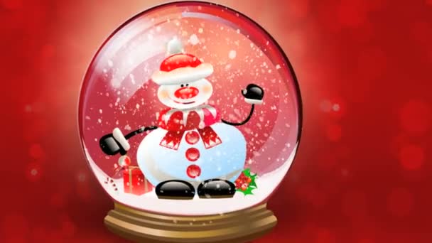 Fond de Noël. Animation de bonhomme de neige agitant joyeusement l'intérieur de la boule à neige. Boule de neige en cristal sur fond rouge et neige tombante — Video