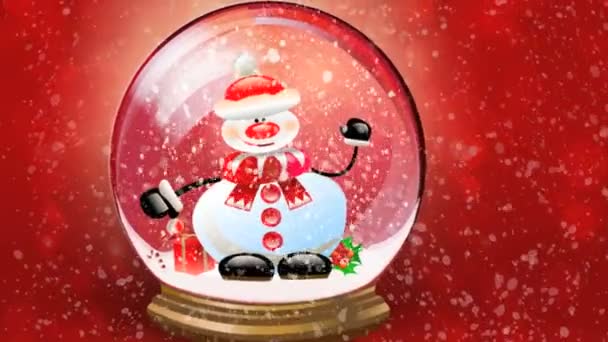 Fundo de Natal. Animação do boneco de neve feliz acenando dentro do globo de neve. Bola de neve de cristal contra fundo vermelho e neve caindo — Vídeo de Stock