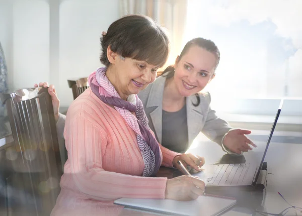 Genç kadın yaşlı bir kişi dizüstü bilgisayar Internet arama kullanarak yardım. Nesiller birlikte çalışan genç ve emeklilik yaş.