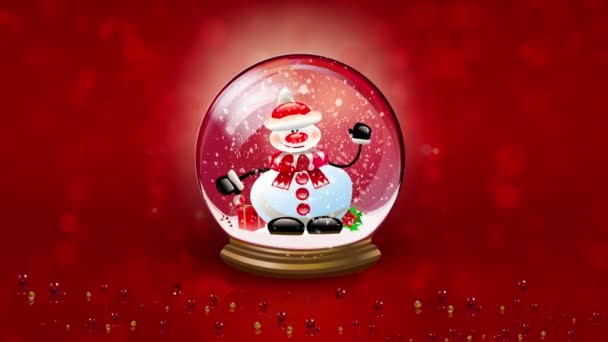 Fundo de Natal. Animação do boneco de neve feliz acenando dentro do globo de neve. Bola de neve de cristal contra fundo vermelho e neve caindo — Vídeo de Stock