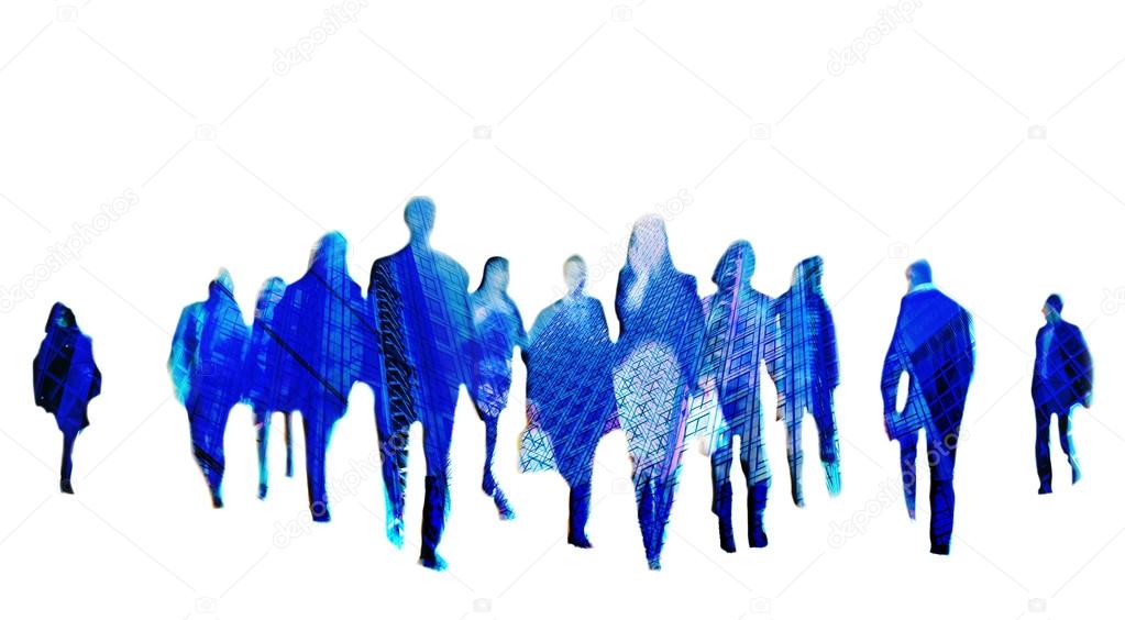 Business background with walking people blur silhouettes