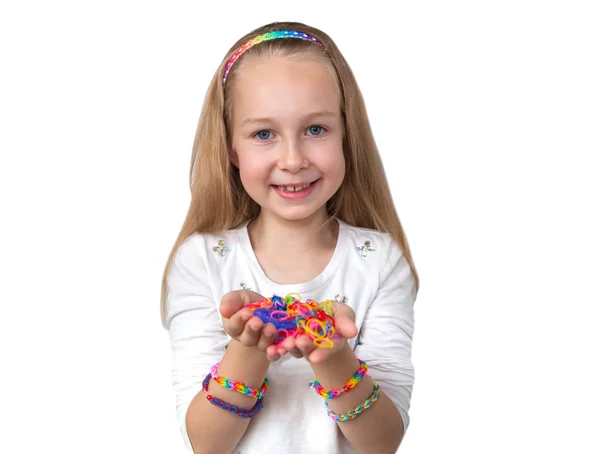 Loom bands craft. Little girl demonstrating her works. — Stock Photo, Image