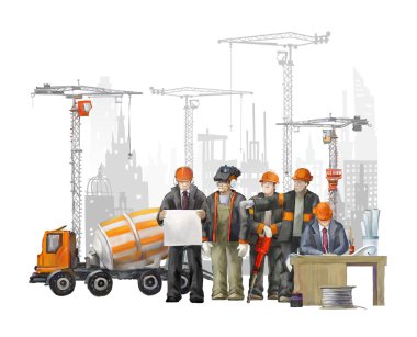 Builders on the building site. Industrial illustration with workers, cranes and concrete mixer machine clipart