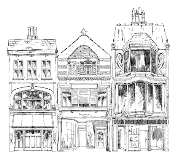 Vieilles maisons de ville anglaises avec de petits commerces ou d'affaires au rez-de-chaussée. Bond Street, Londres. Collection de croquis — Photo