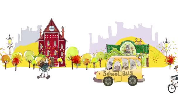 Zurück zum schulischen Hintergrund. Herbstliches Stadtbild mit Schülern und Schulbussen, die durch die Straße brausen