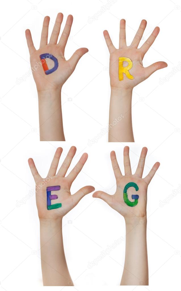 Alphabet (letters) painted on children hands.  Rises up hands.
