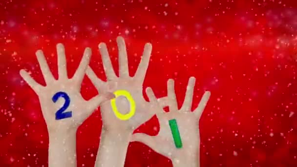 Новий 2016 рік намальований на піднятих руках. Різдвяний фон — стокове відео