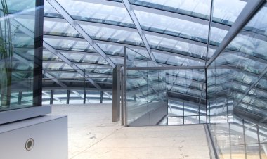 LONDON, UK - APRIL 22, 2015: Detail of Walkie-Talkie construction, roof and wobbly glass wall
