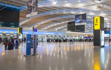 LONDON, UK - MARCH 28, 2015: International departure hall. Interior of  Heathrow airport Terminal 5. New building