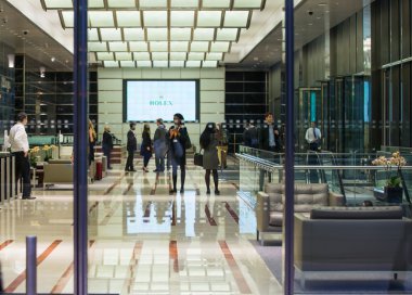 LONDON, UK - 7 SEPTEMBER, 2015: Office building entrance in night light. Canary Wharf night life