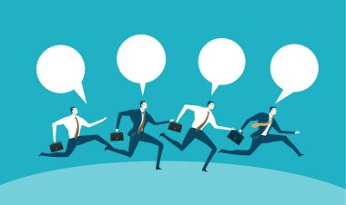 İş adamları koşuyor, hız, hırs ve kariyer rekabetini sembolize ediyor. Hızlı hareket eden bir iş ortamında hedeflere ulaşmak için gayret.