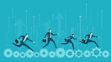 İş adamları koşuyor, hız, hırs ve kariyer rekabetini sembolize ediyor. Hızlı hareket eden bir iş ortamında hedeflere ulaşmak için gayret.