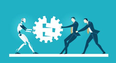 Yapay zekanın, insanların yerine geçmek yerine karar vermeyi, üretkenliği ve yeniliği nasıl desteklediğini gösteren iş dünyasındaki insani yapay zeka işbirliği. İllüstrasyon güven, verimlilik ve akıllı takım çalışmasının geleceğini sembolize eder..