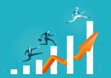 Bir insanımsı robot ve bir iş adamı işbirliği yapıyor, verileri paylaşıyor, eşit ortaklar olarak fikir alışverişinde bulunuyorlar. Sahne, insan sezgisiyle makine hassasiyetini profesyonel bir ortamda harmanlıyor..