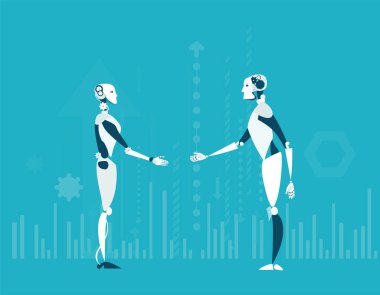 Bir insanımsı robot ve bir iş adamı işbirliği yapıyor, verileri paylaşıyor, eşit ortaklar olarak fikir alışverişinde bulunuyorlar. Sahne, insan sezgisiyle makine hassasiyetini profesyonel bir ortamda harmanlıyor..