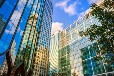 Londra, İngiltere - 14 Haziran 2025: Canary Wharf işi, Londra 'nın finans ve bankacılık bölgesi gün batımında. Gökdelenler, ofisler ve limanlarla çevrili şirket binaları.