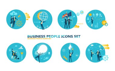 Liderler. İş simgeleri ayarlandı. İş adamları çalışıyor, sorunları çözüyorlar, işbirliği yapıyorlar, teknoloji geliştiriyorlar ve mutlu bir gelecek inşa ediyorlar.